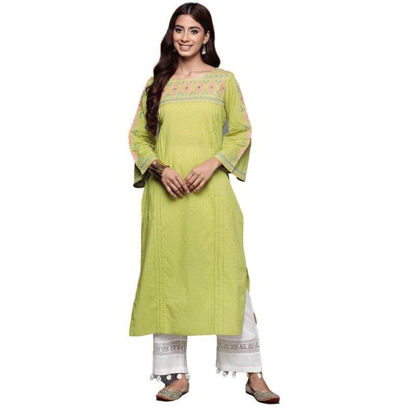 Varanga Women Lime Green Embellished Round Neck Straight Kurta, Thread & Sequins Work, Flared Sleeve, Side Slit, Stylish & Comfortable Ethnic Wear (Large)