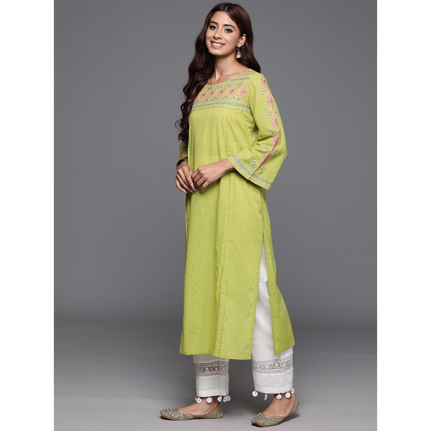Varanga Women Lime Green Embellished Round Neck Straight Kurta, Thread & Sequins Work, Flared Sleeve, Side Slit, Stylish & Comfortable Ethnic Wear (Large)