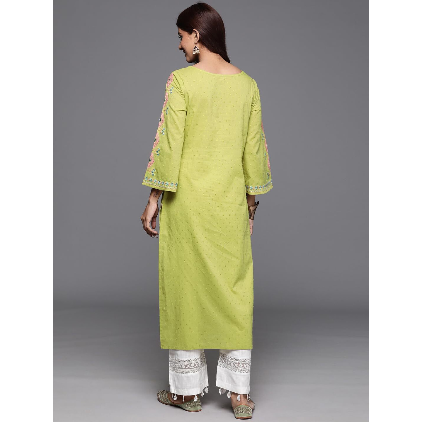 Varanga Women Lime Green Embellished Round Neck Straight Kurta, Thread & Sequins Work, Flared Sleeve, Side Slit, Stylish & Comfortable Ethnic Wear (Large)