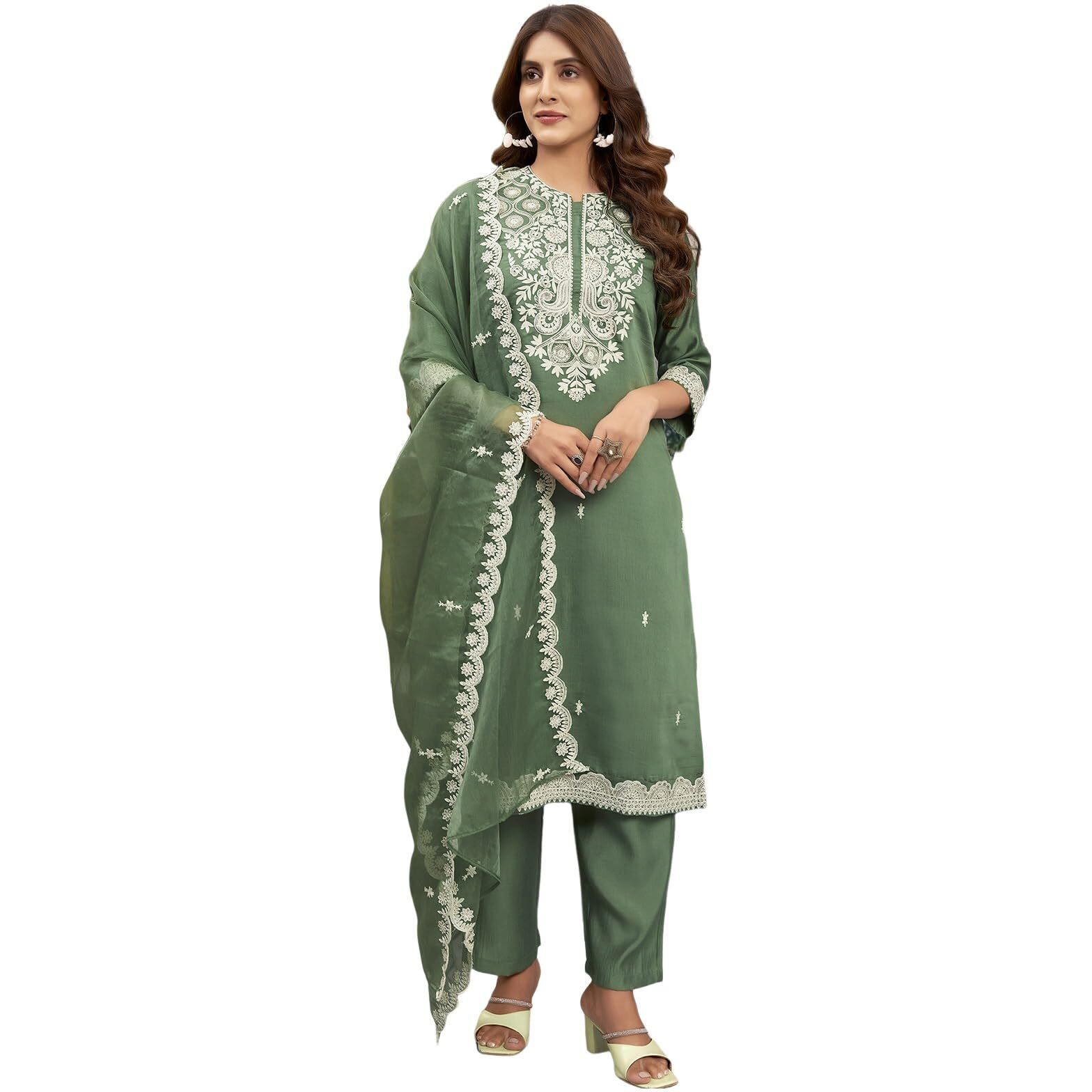 Sanisa Women's Silk Blend Sequence Chikankari Embrodery Straight Kurta With Pant And Dupatta Set (186Kbd1985N-Xl_Dusty Green)