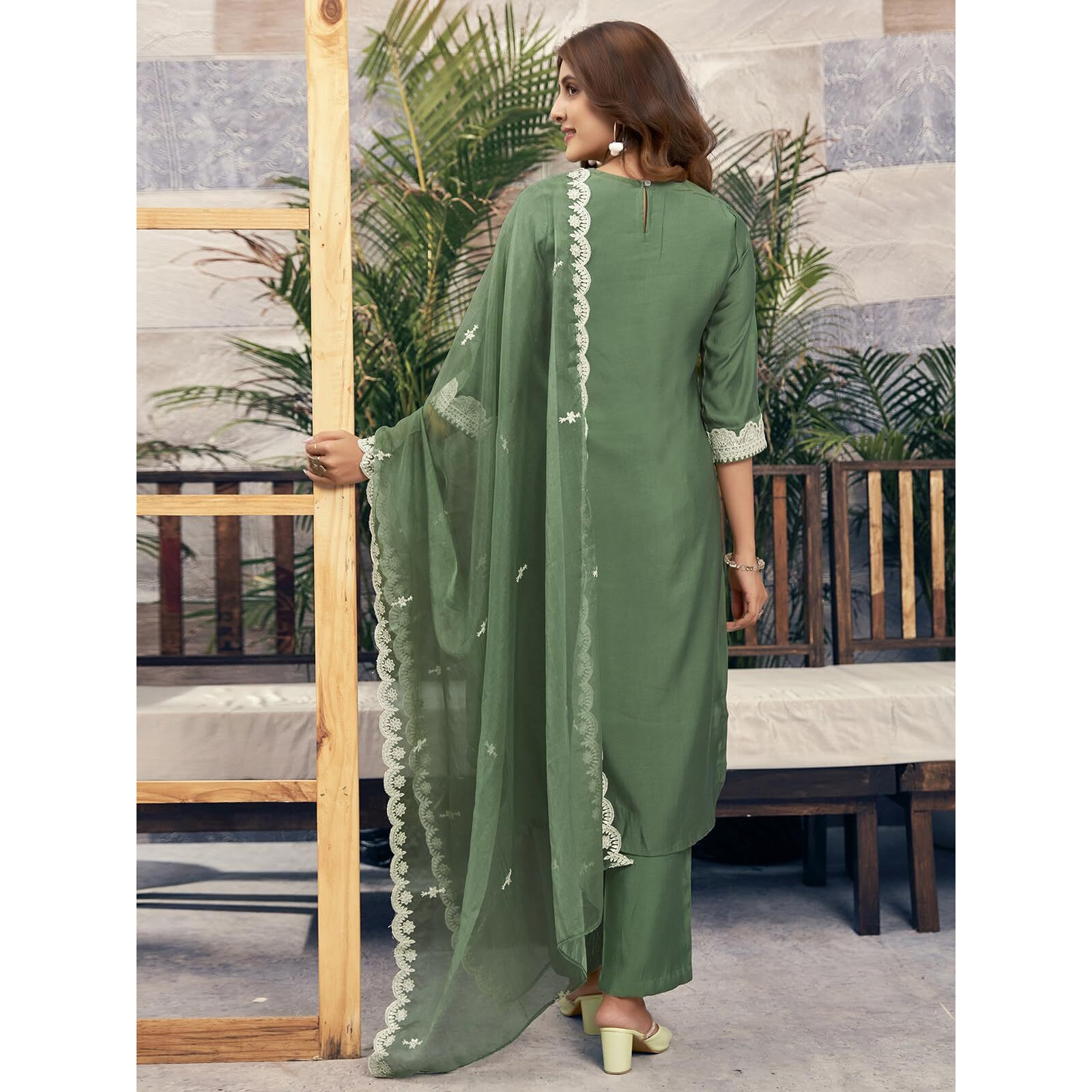 Sanisa Women's Silk Blend Sequence Chikankari Embrodery Straight Kurta With Pant And Dupatta Set (186Kbd1985N-Xl_Dusty Green)