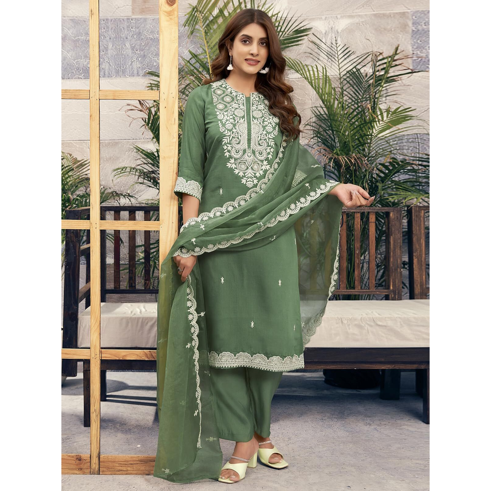 Sanisa Women's Silk Blend Sequence Chikankari Embrodery Straight Kurta With Pant And Dupatta Set (186Kbd1985N-Xl_Dusty Green)