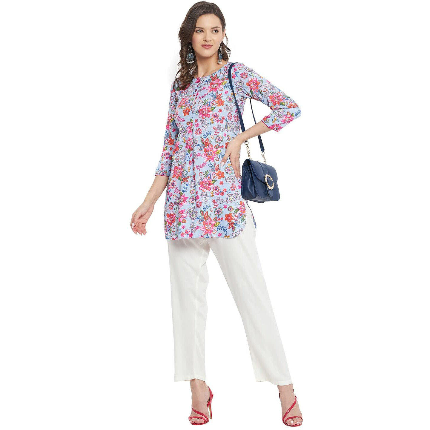 Tissu Women's Rayon Sky Blue & Pink Floral Pritned Kurti 2177_Light Blue_L
