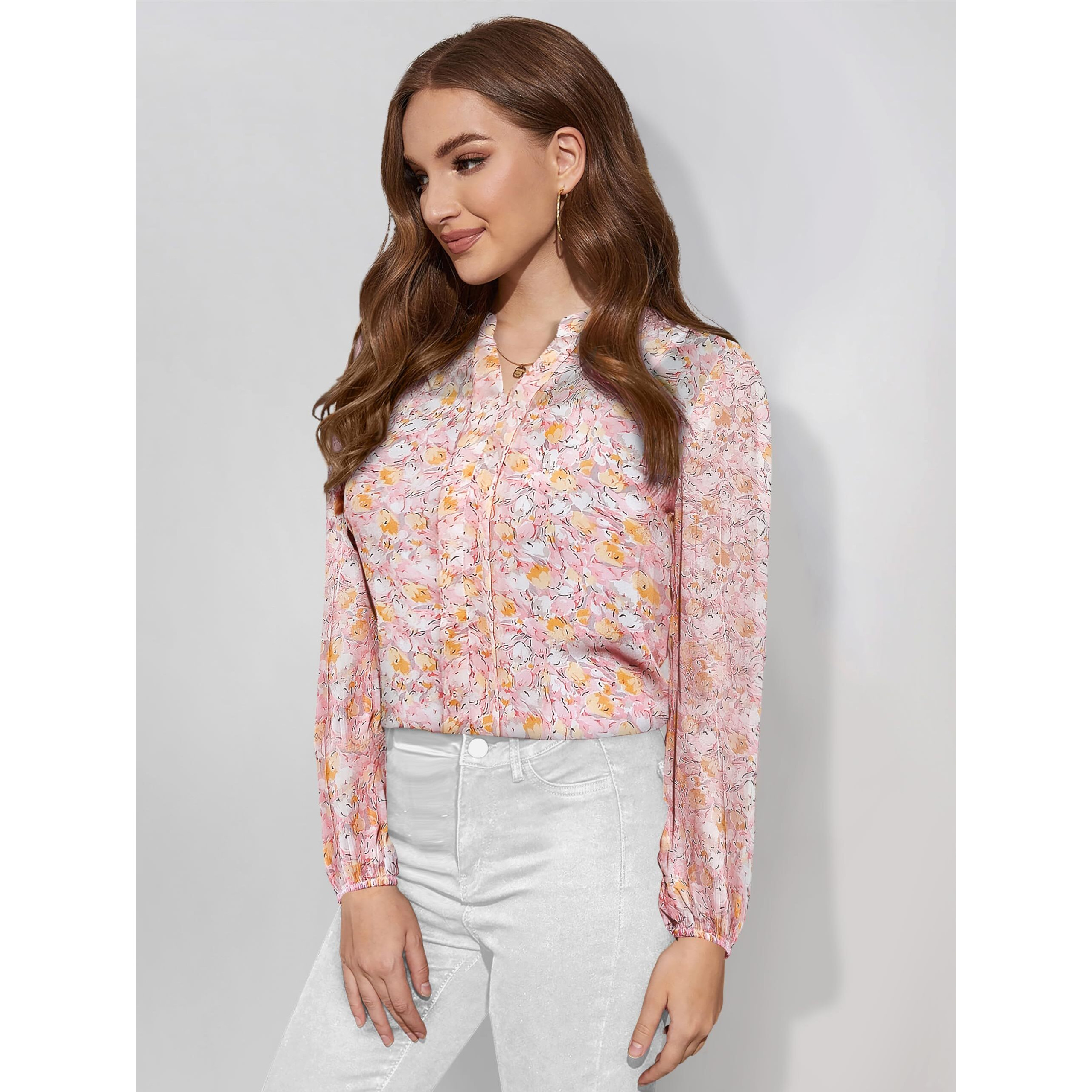 Toochki Women's Peach Georgette Floral Straight Western Top | Winter Top | Western Top | Top For Women | Latest Women Top | Trendy Women Top