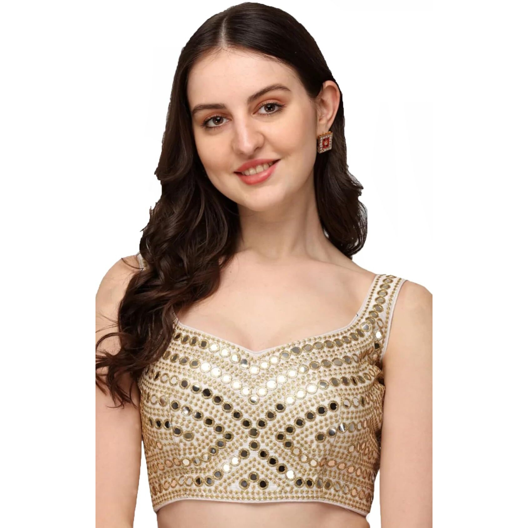 Vihu Fashion Women's Multicolor Phantom Silk Mirror Half Sleeves Saree Blouse (Mirror Blouse_White_38 Size)
