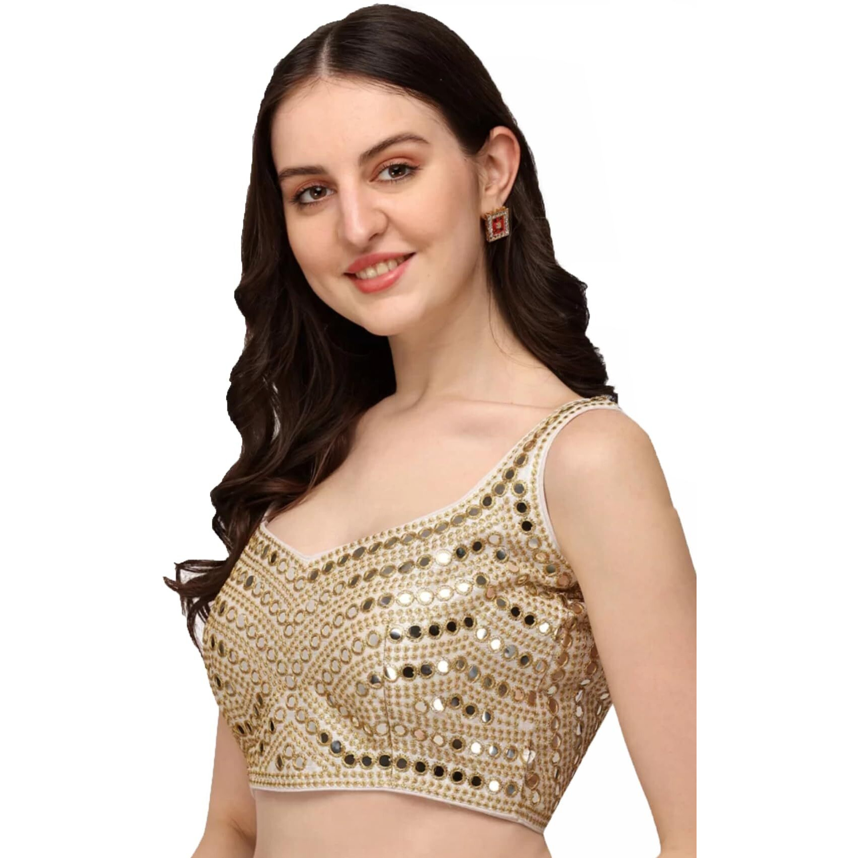 Vihu Fashion Women's Multicolor Phantom Silk Mirror Half Sleeves Saree Blouse (Mirror Blouse_White_38 Size)