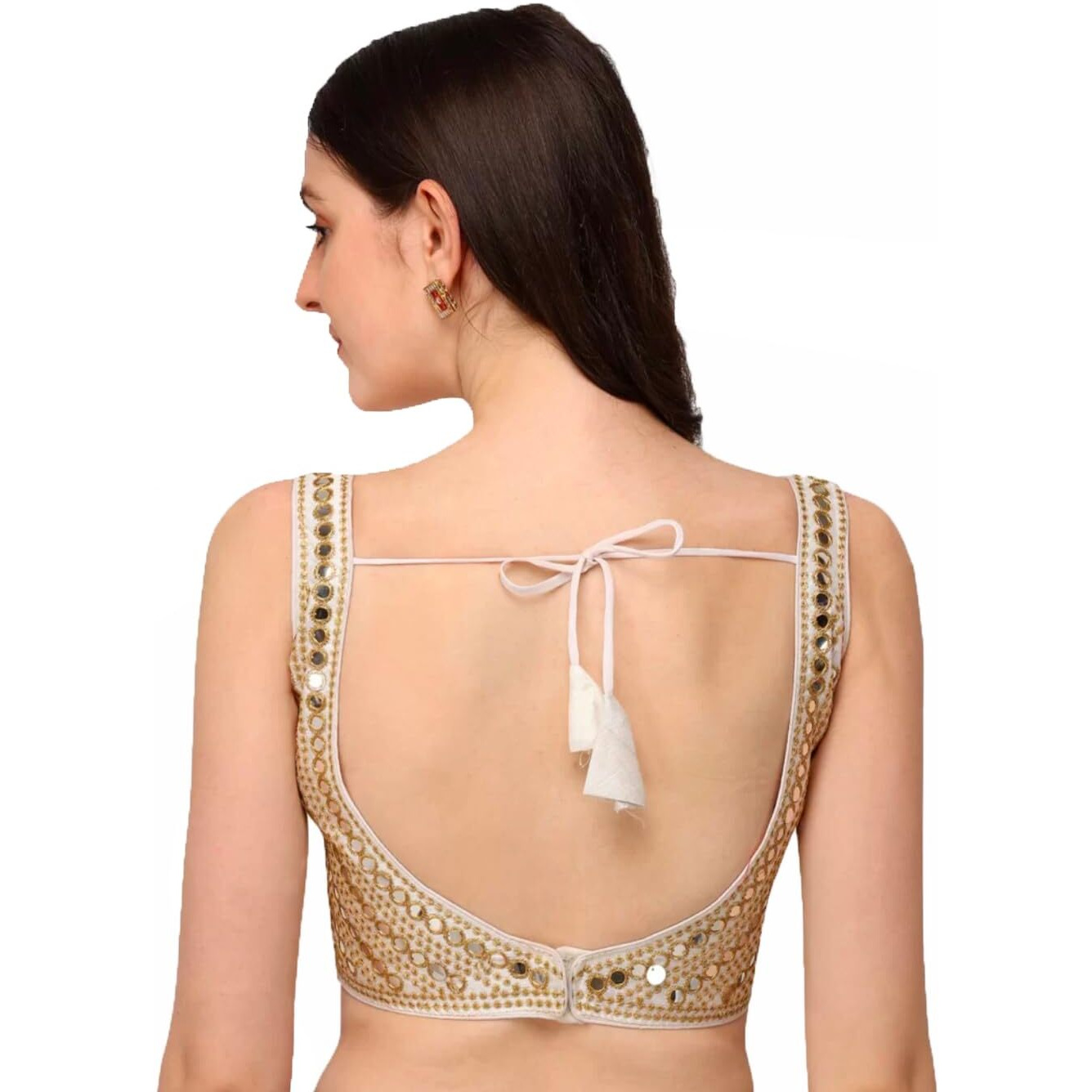 Vihu Fashion Women's Multicolor Phantom Silk Mirror Half Sleeves Saree Blouse (Mirror Blouse_White_38 Size)