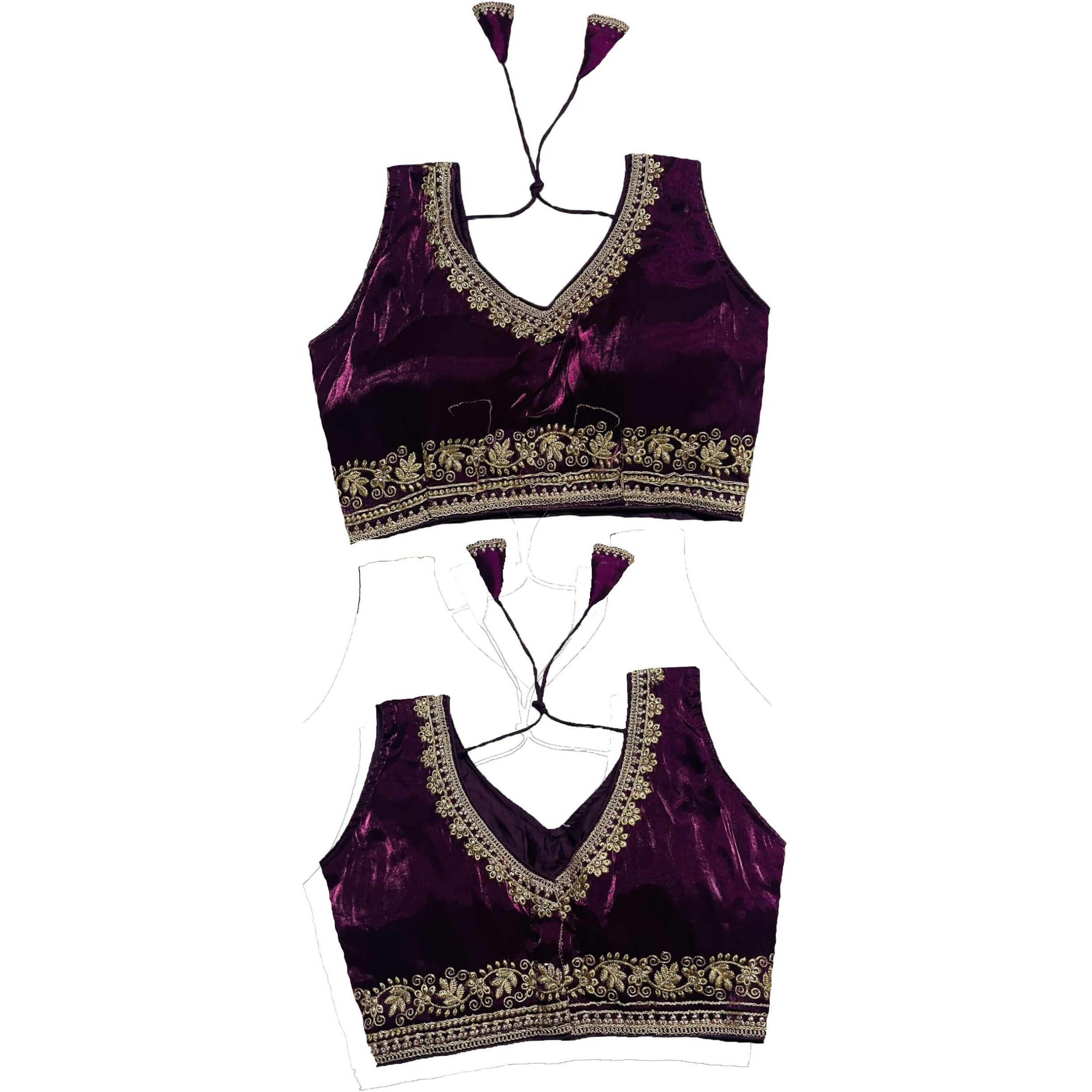 Vihu Fashion Women's Readymade Sleeveless Blouseindian Ethnic Designer Blouse Jimmy Choo Fabric Embroidered V Neck Blouse Back Hook Open Saree Fancy Blouse (Wine, 34)