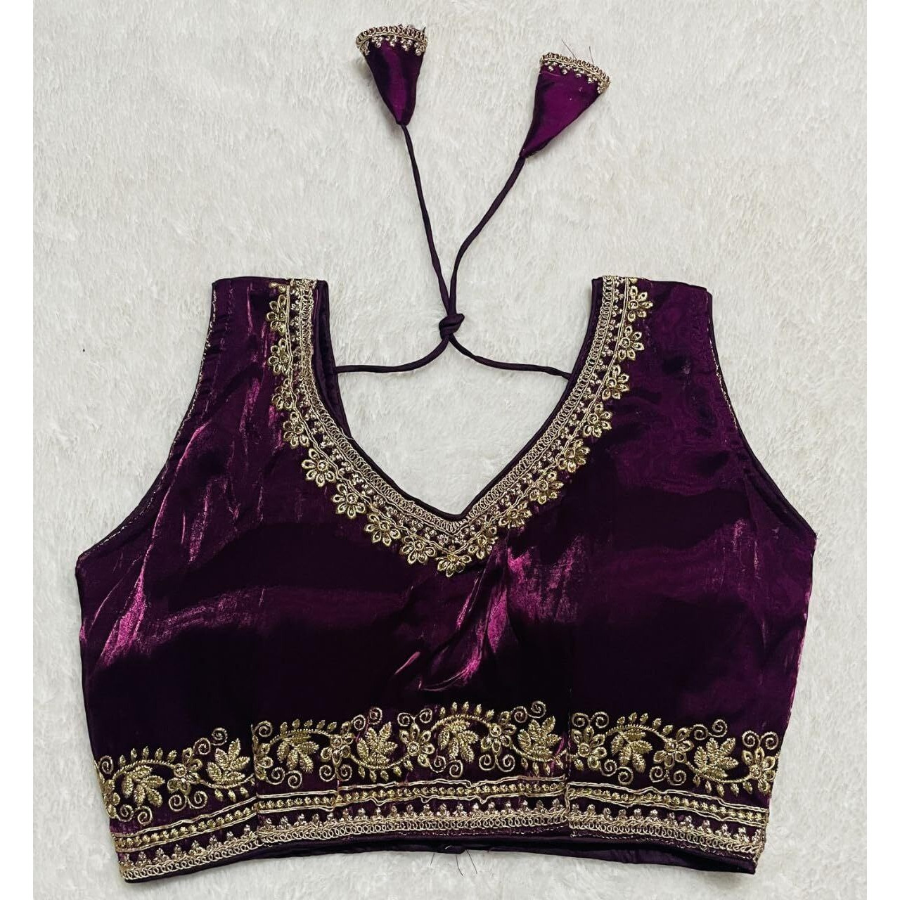 Vihu Fashion Women's Readymade Sleeveless Blouseindian Ethnic Designer Blouse Jimmy Choo Fabric Embroidered V Neck Blouse Back Hook Open Saree Fancy Blouse (Wine, 34)