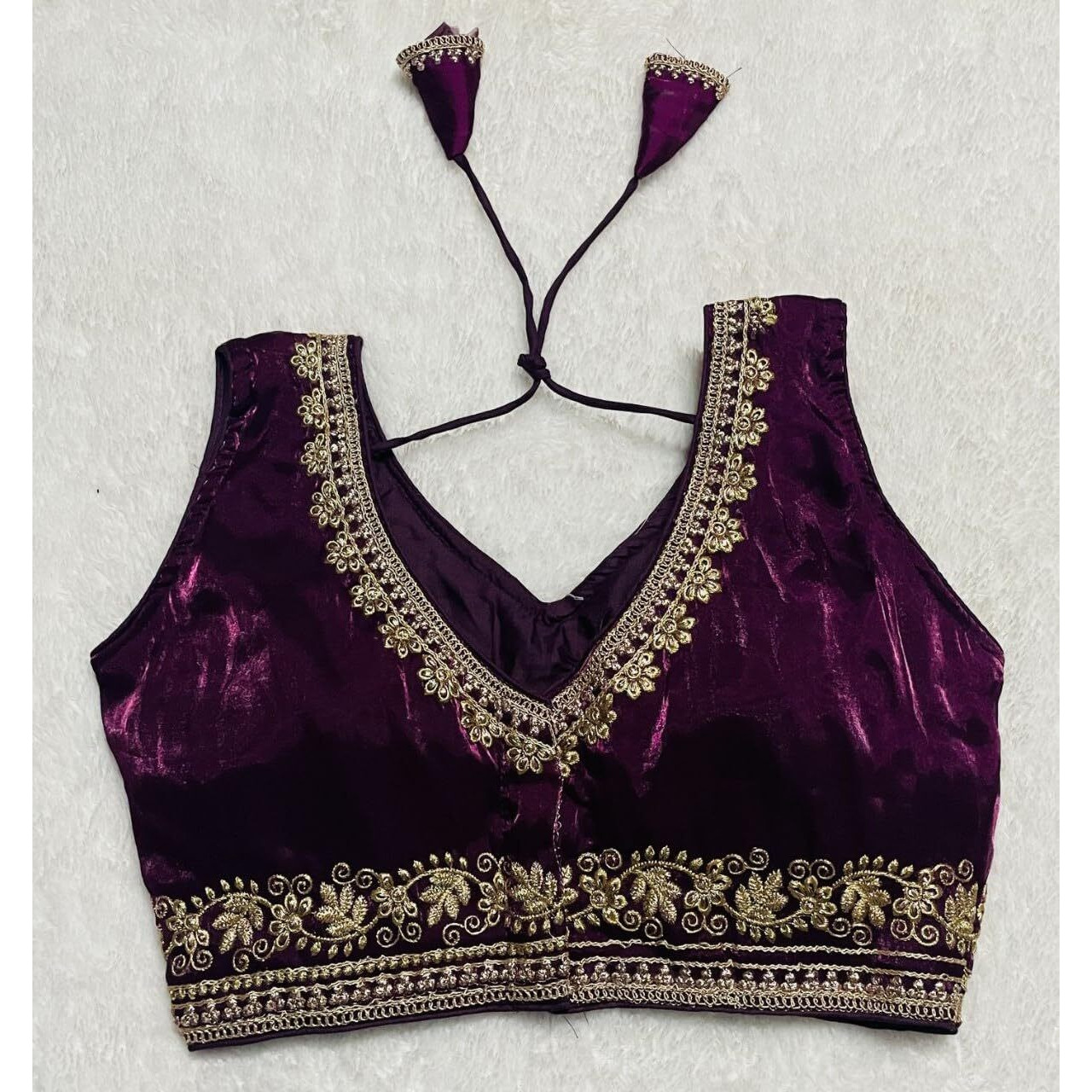 Vihu Fashion Women's Readymade Sleeveless Blouseindian Ethnic Designer Blouse Jimmy Choo Fabric Embroidered V Neck Blouse Back Hook Open Saree Fancy Blouse (Wine, 34)