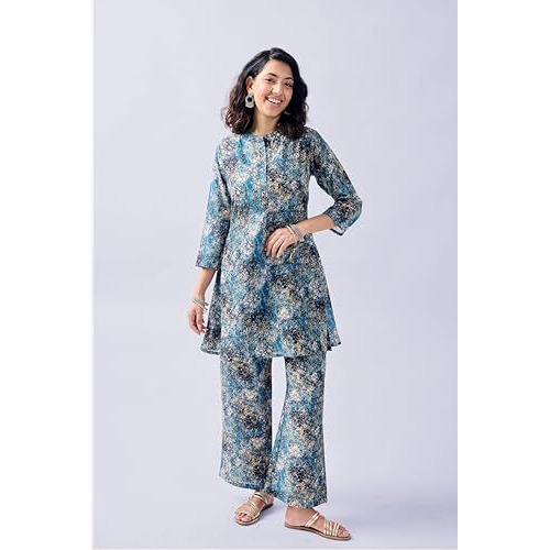 Toochki Kurti Set For Women | Cotton Ethnic Kurti Set For Women | Two Piece Ethnic Kurti Set | Kurti Set | Kurti Set Without Dupatta For Women | Kurti Set For Women Latest | Printed Kurti Set Blue