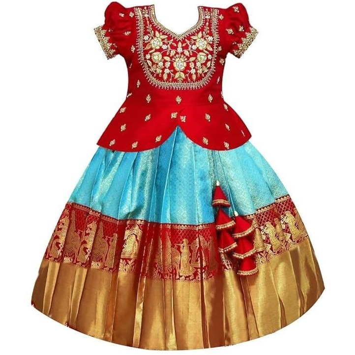 White Button New South Indian Traditional Pattu Pavadai Jecquard Lehenga Choli For Girls Dress (7-8 Years, Red Turqouise)