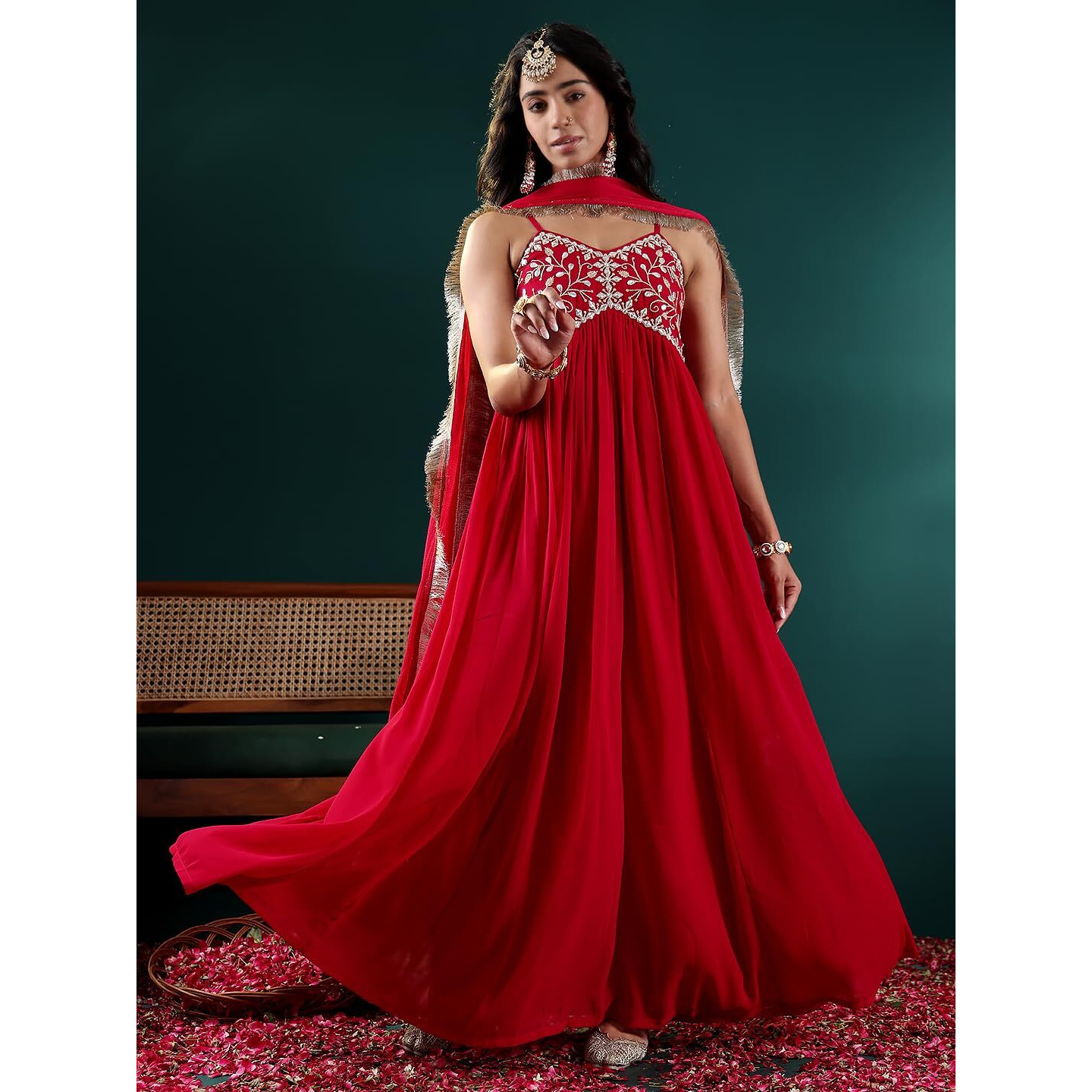 Varanga Women Fuchsia Embroidered Anarkali Kurta Set With Tonal Dupatta  Zari & Mirror Embroidery, V-Neck, Fringed Dupatta