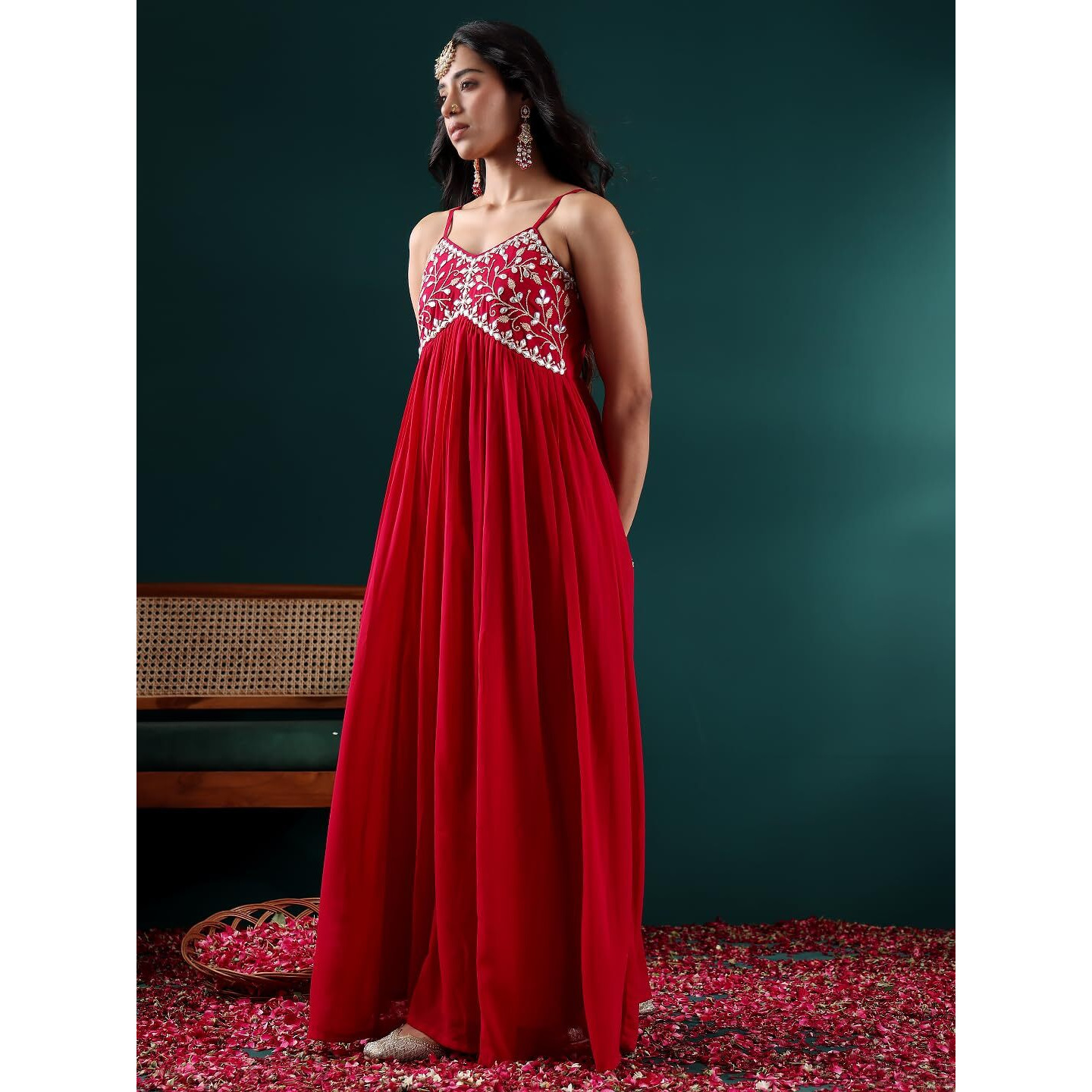 Varanga Women Fuchsia Embroidered Anarkali Kurta Set With Tonal Dupatta  Zari & Mirror Embroidery, V-Neck, Fringed Dupatta