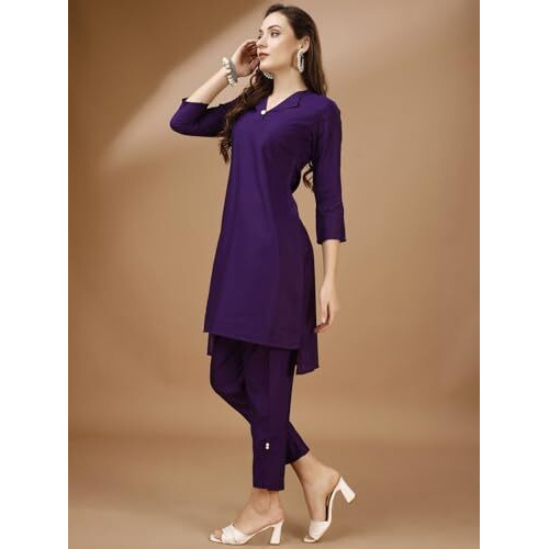 Womanista Blend Women's Purple Colour Chanderi Silk Fabric Tunic And Trouser Coord Set Ankle Length (Co-Ords_9029 Xl)
