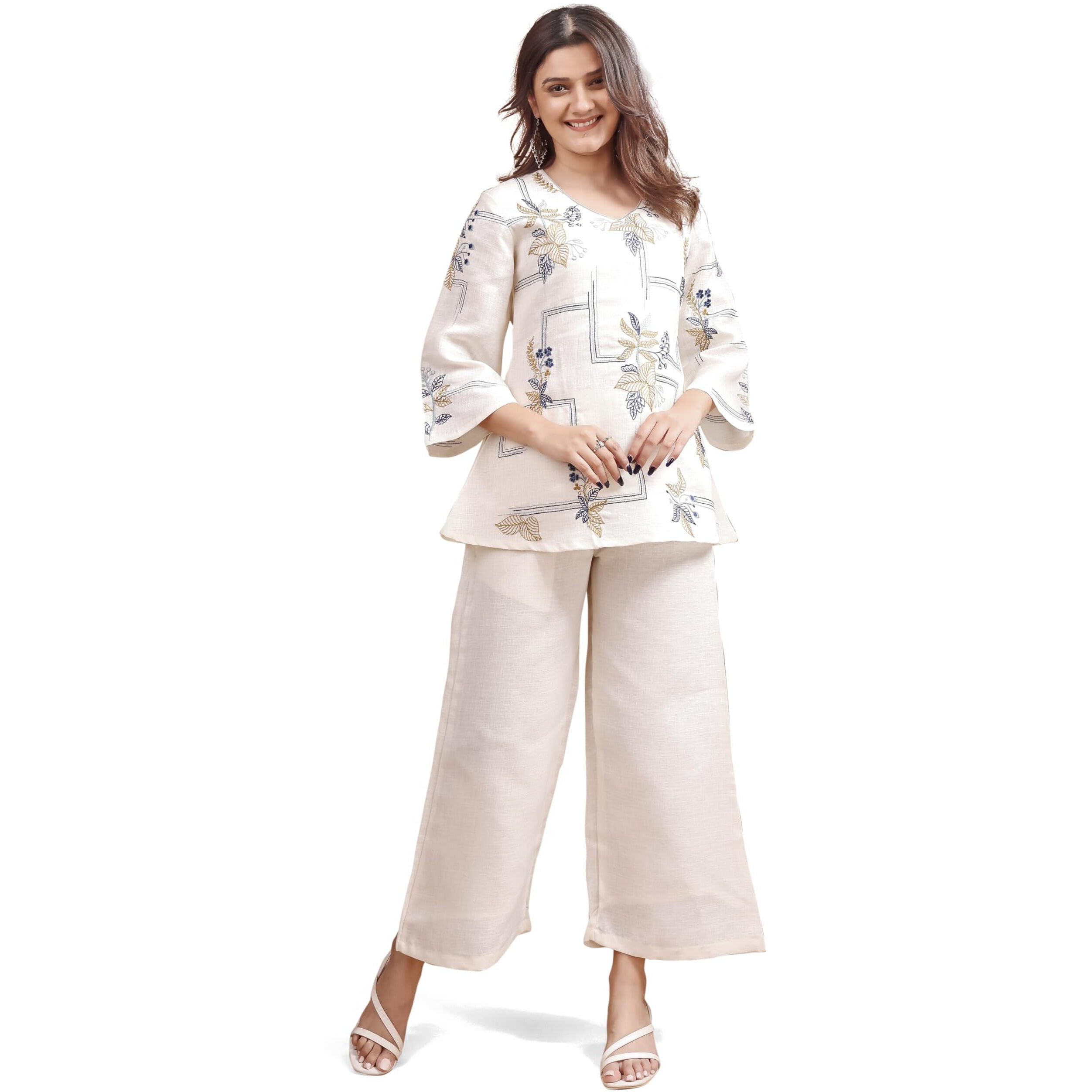 Womanista Women's Off White Colour Linen Contrast Thread Floral Embroidery Top With Palazzo Set(Co-Ords_9066_L)