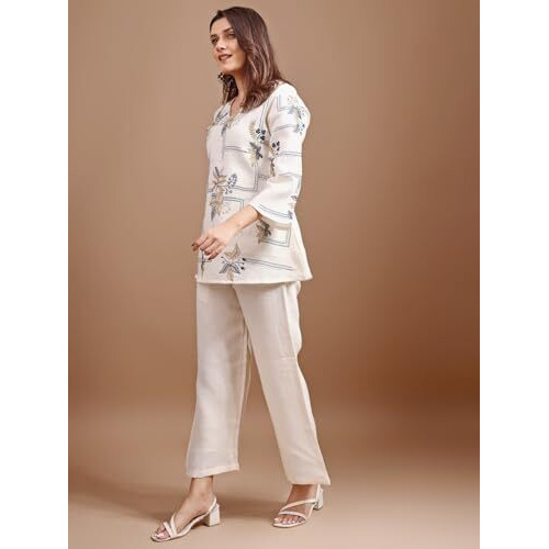Womanista Women's Off White Colour Linen Contrast Thread Floral Embroidery Top With Palazzo Set(Co-Ords_9066_L)