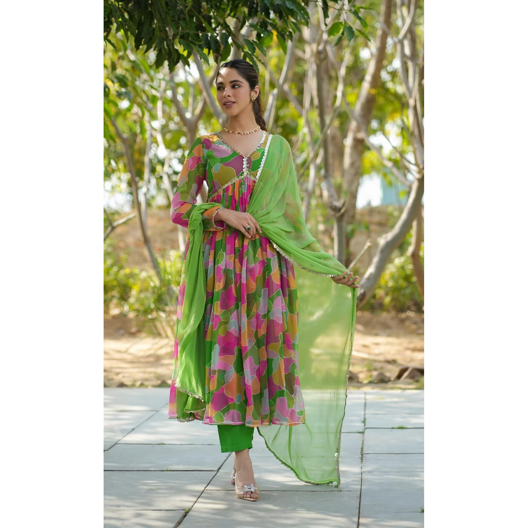 Xomantic Fashion Pink Georgette Printed Alia Cut Suit Set (Xx-Large, Green)
