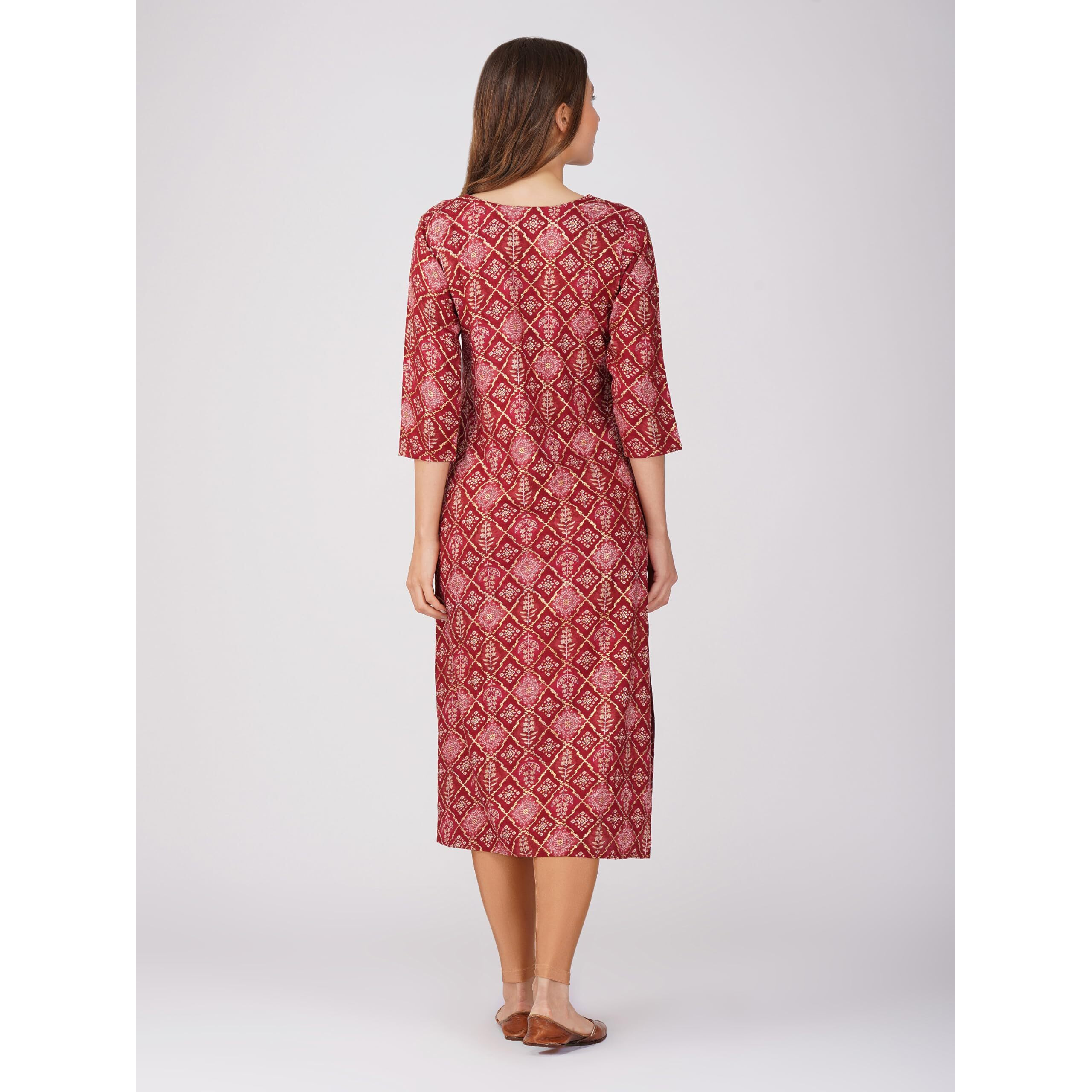 Rytras Women's Foil Printed Straight Kurta(Red,L)
