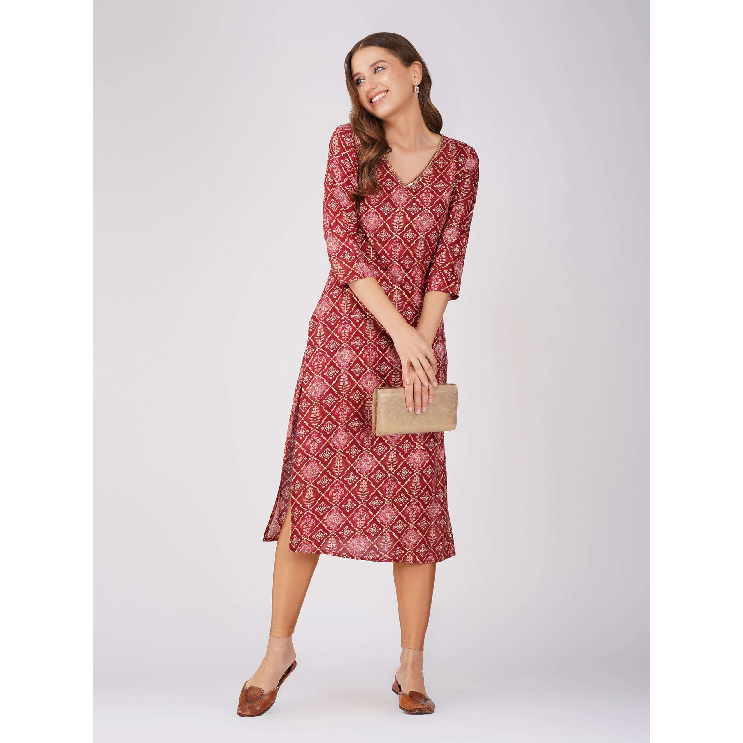 Rytras Women's Foil Printed Straight Kurta(Red,L)