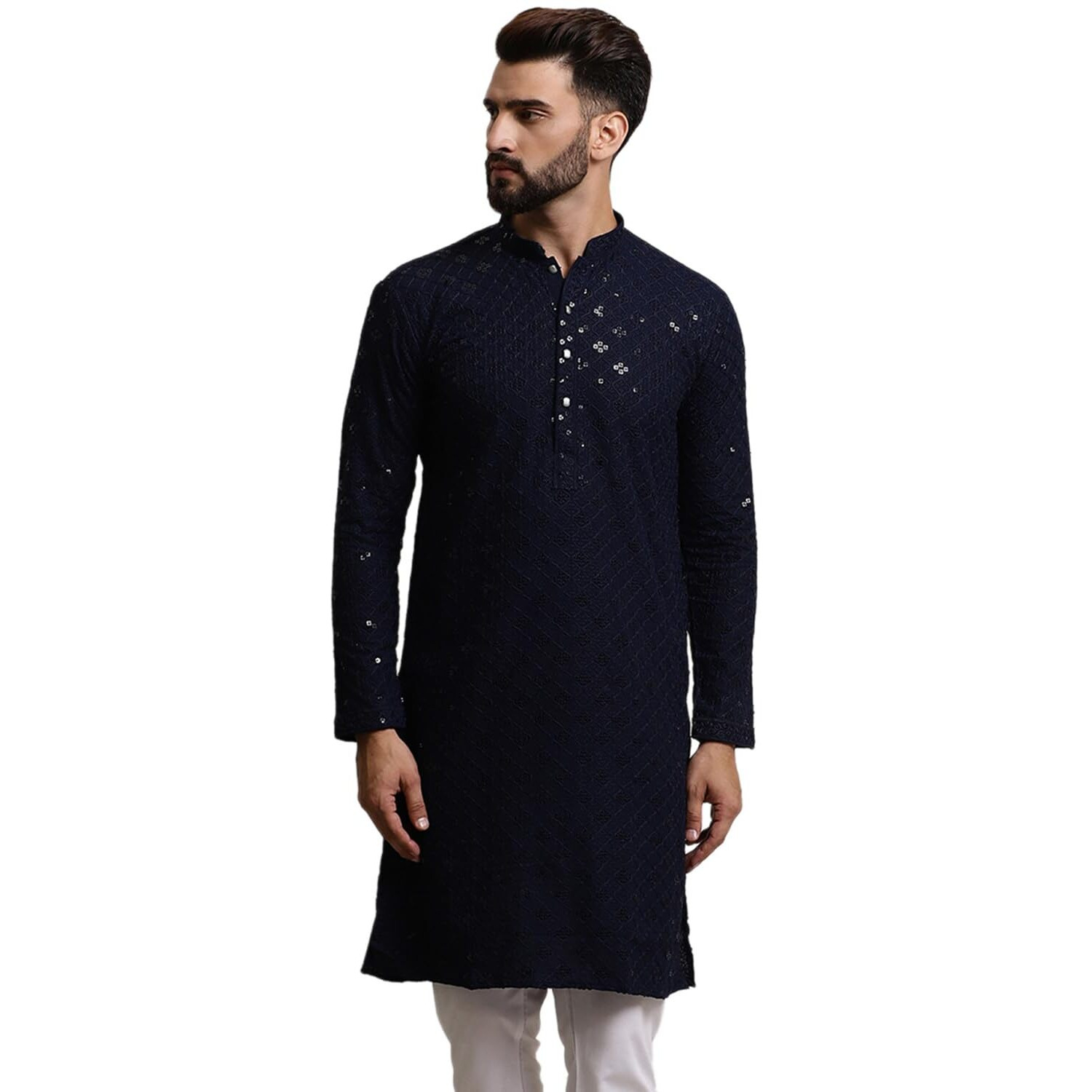 Sojanya (Since 1958 Men's Pure Cotton Navy Blue Sequence Long Kurta