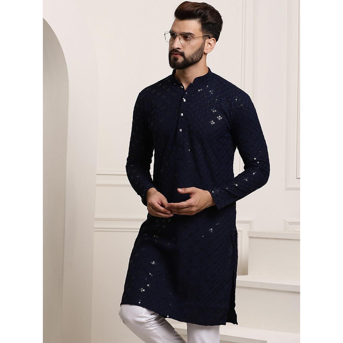 Sojanya (Since 1958 Men's Pure Cotton Navy Blue Sequence Long Kurta