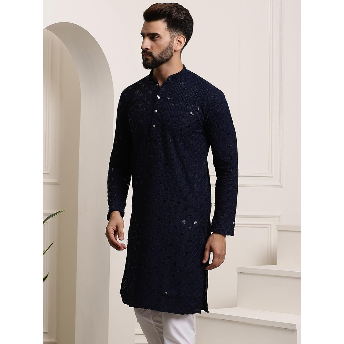 Sojanya (Since 1958 Men's Pure Cotton Navy Blue Sequence Long Kurta