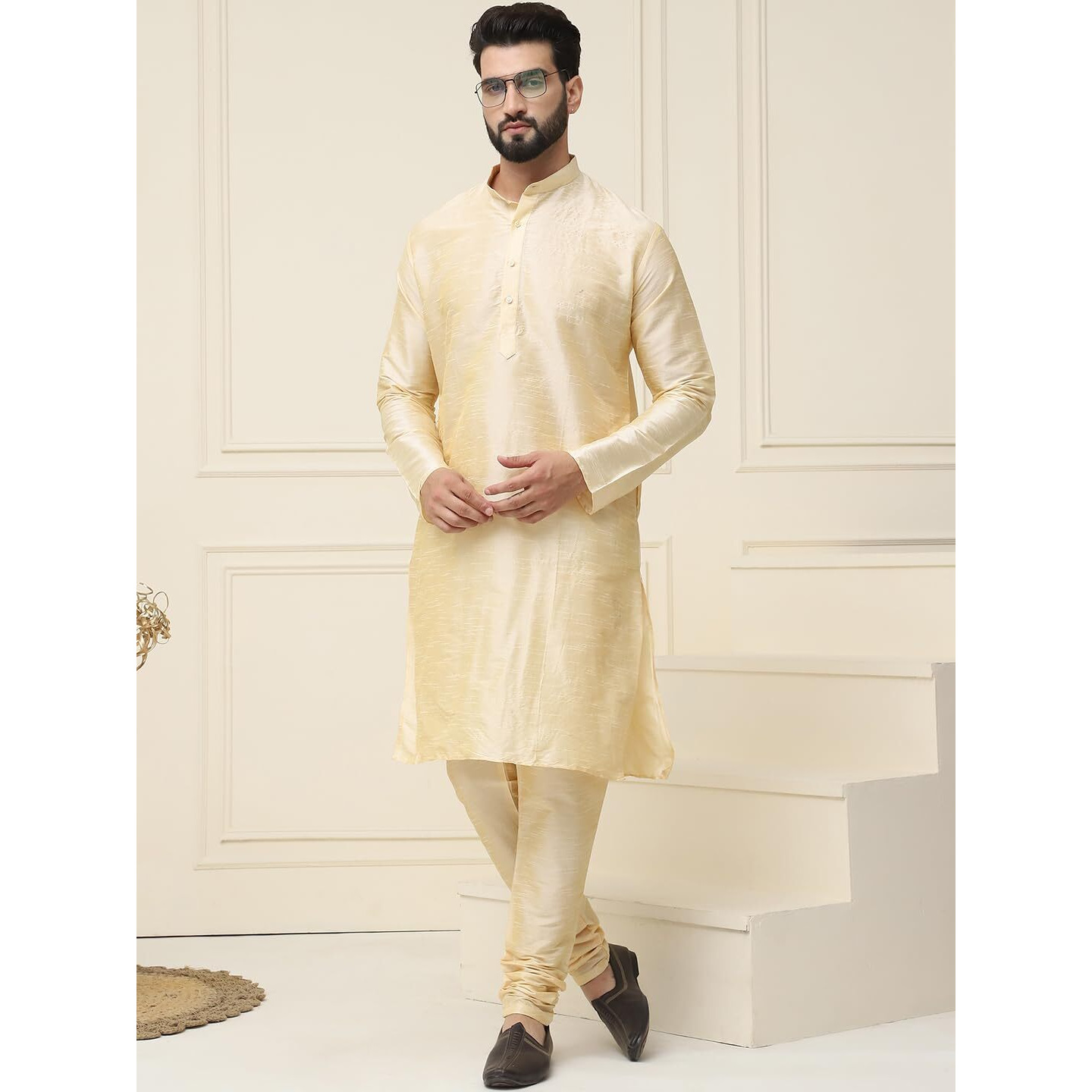 Sojanya (Since 1958 Men's Gold Dupion Silk Kurta & Churidaar Pyjama