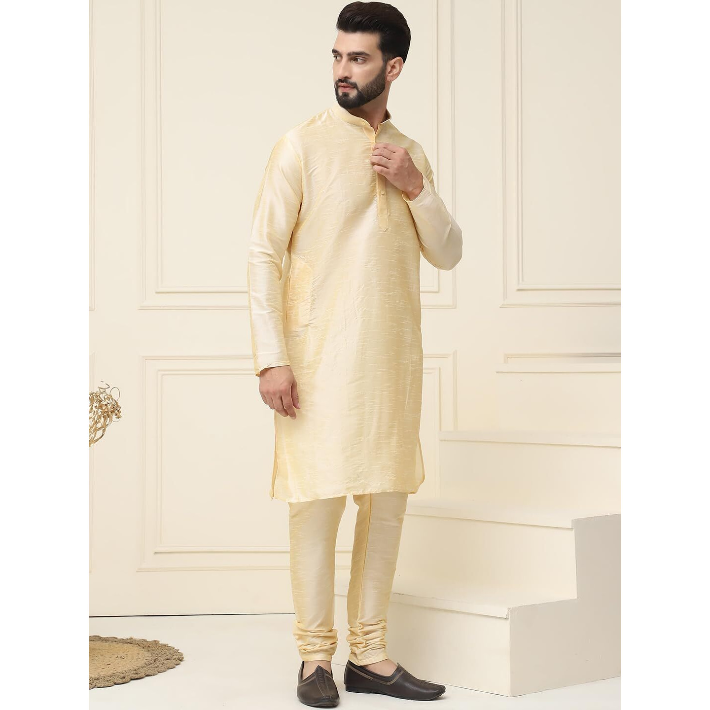 Sojanya (Since 1958 Men's Gold Dupion Silk Kurta & Churidaar Pyjama