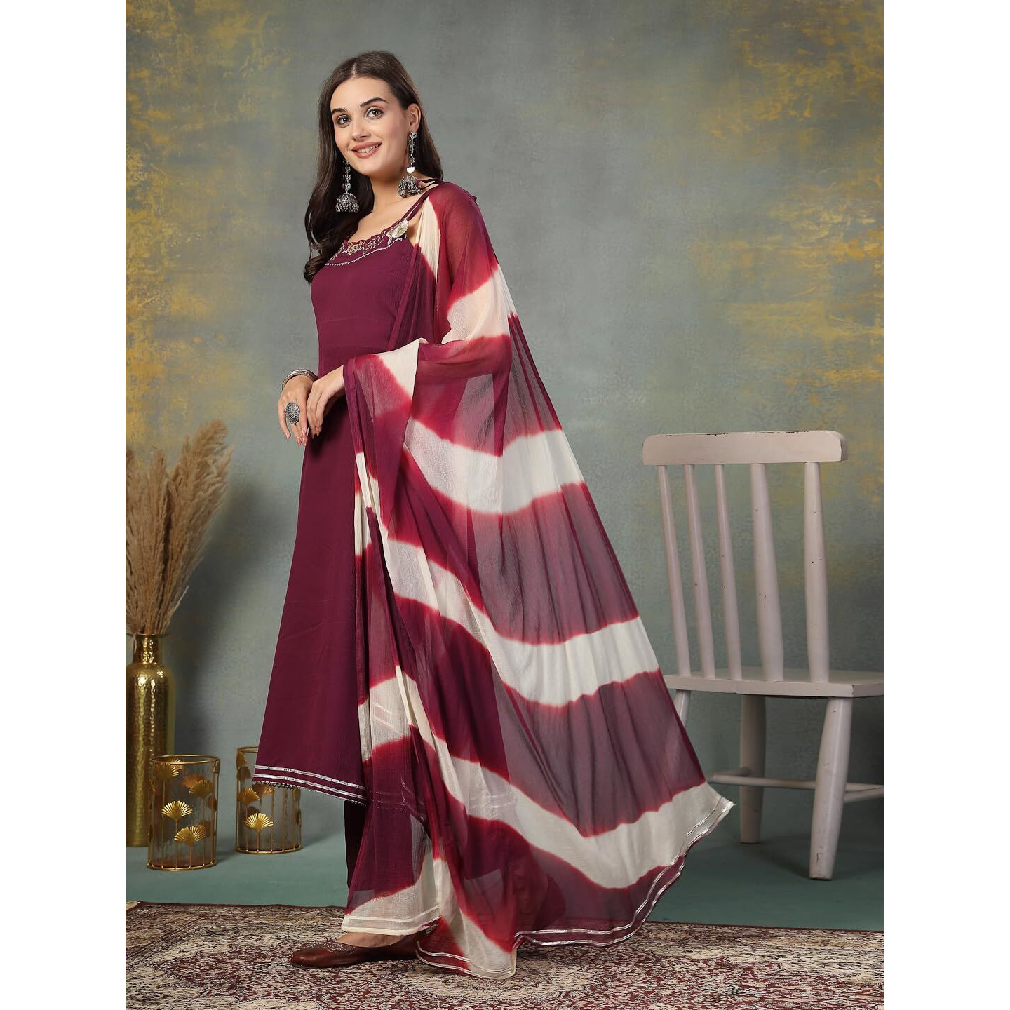 Stylum Women's Solid & Embroidered Poly Crepe A-Line Kurta Dupatta Set (Kdpurplehassal44_Purple, Xxl)