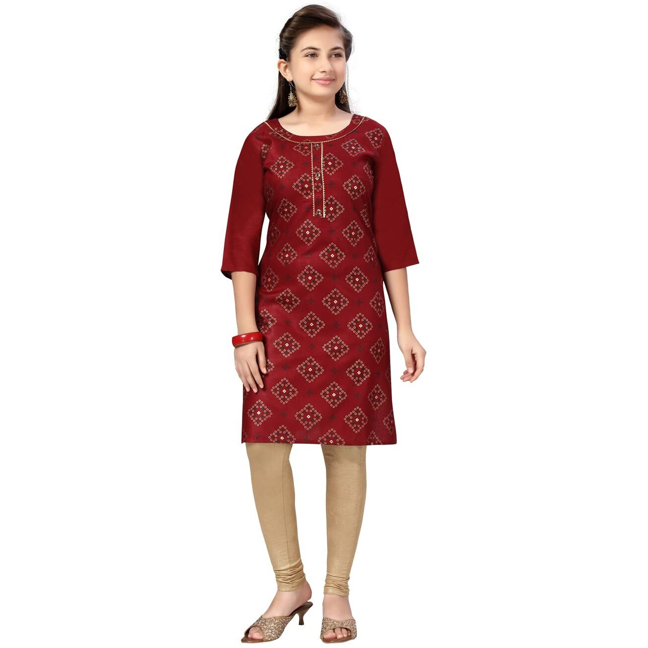 Aarika Girl's Cotton Kurti Legging Set (Kl-F-19_Maroon-Fawn_38)