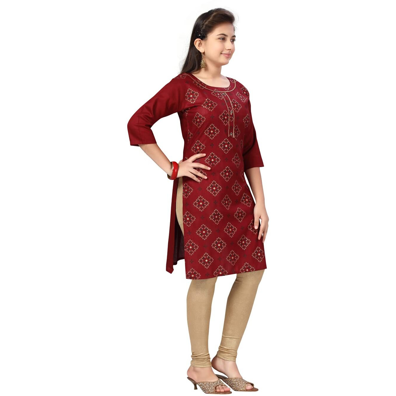 Aarika Girl's Cotton Kurti Legging Set (Kl-F-19_Maroon-Fawn_38)