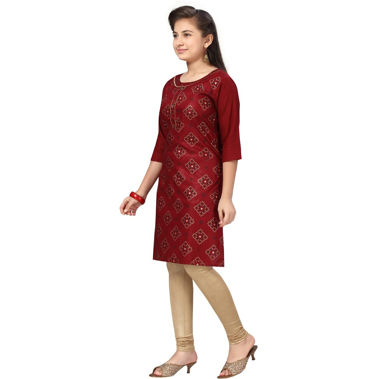 Aarika Girl's Cotton Kurti Legging Set (Kl-F-19_Maroon-Fawn_38)