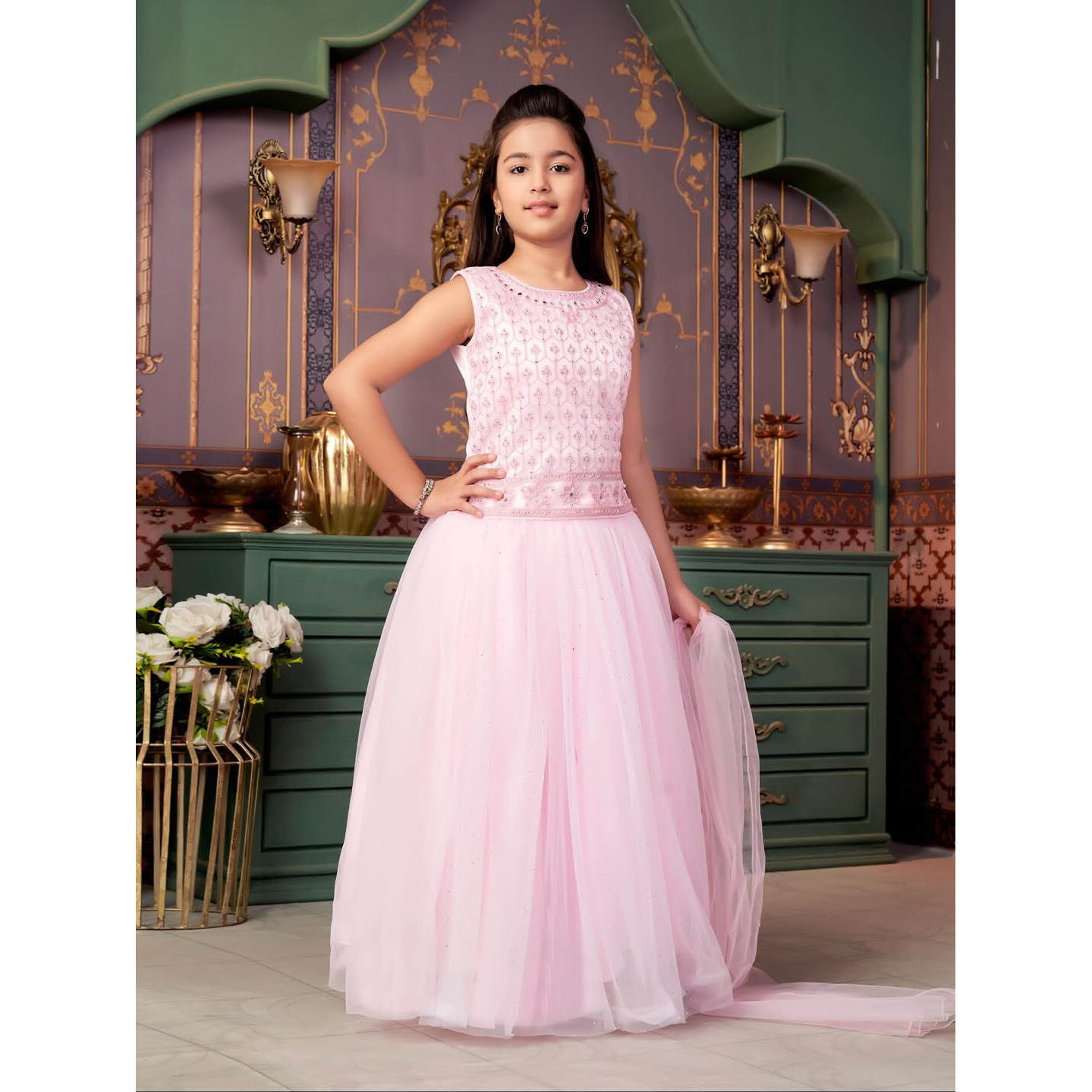 Aarika Girls Ethnic Wear Pink Colour Mirror Embroidery Net Lehenga Choli Set With Dupatta-3-13 Years (Lch-18273)