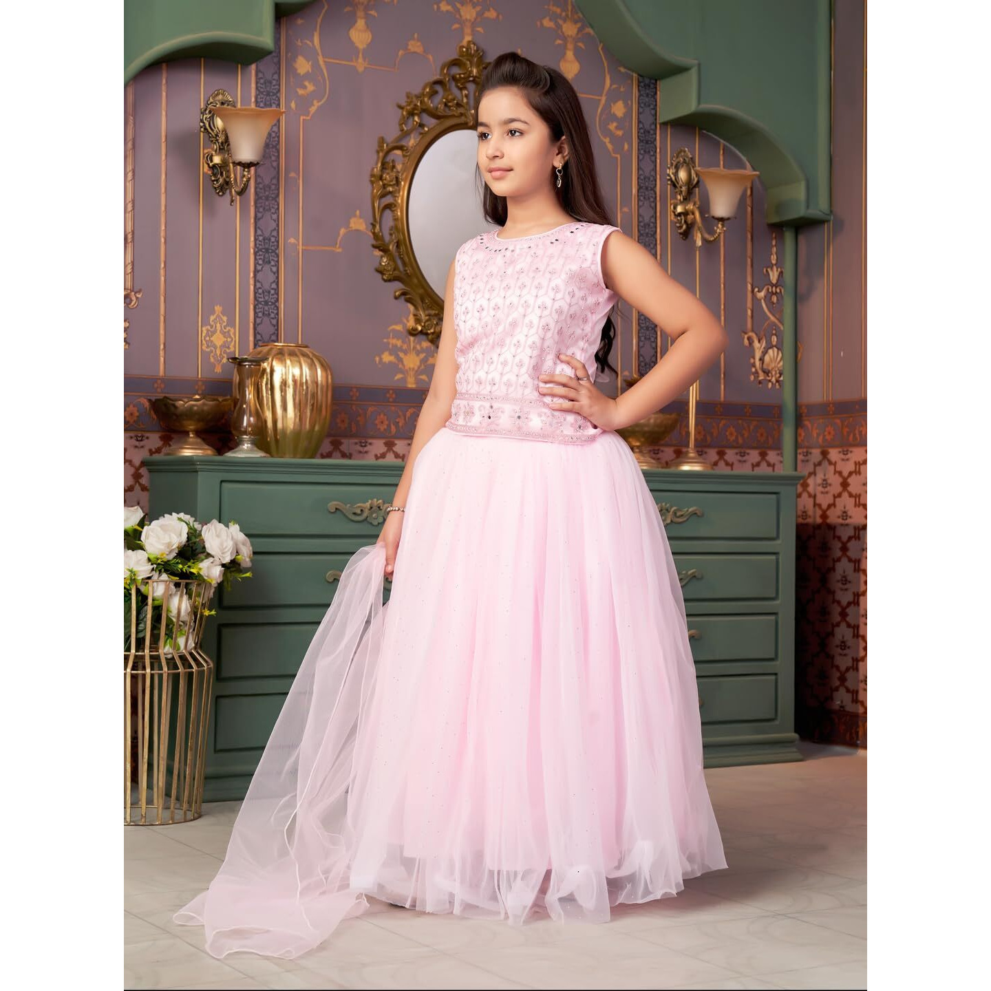 Aarika Girls Ethnic Wear Pink Colour Mirror Embroidery Net Lehenga Choli Set With Dupatta-3-13 Years (Lch-18273)