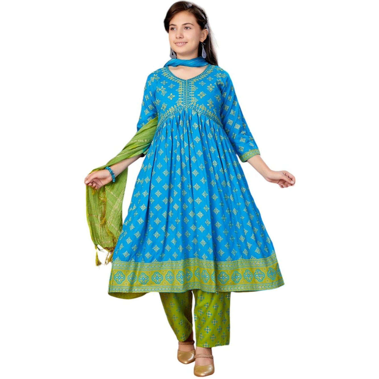 Aarika Girls Ethnic Wear Blue Colour Foil Print Mirror Embroidery Rayon Kurti (9-16 Years)