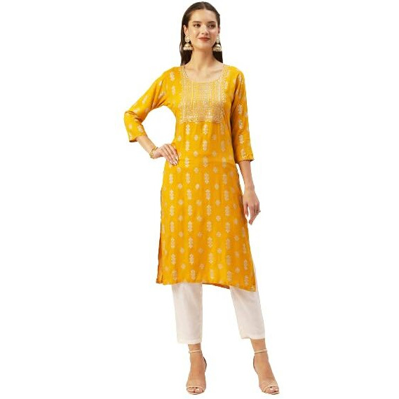 Anubhutee Women's Rayon Mustard Yellow Sequinned Embellished Embroidered Straight Kurta