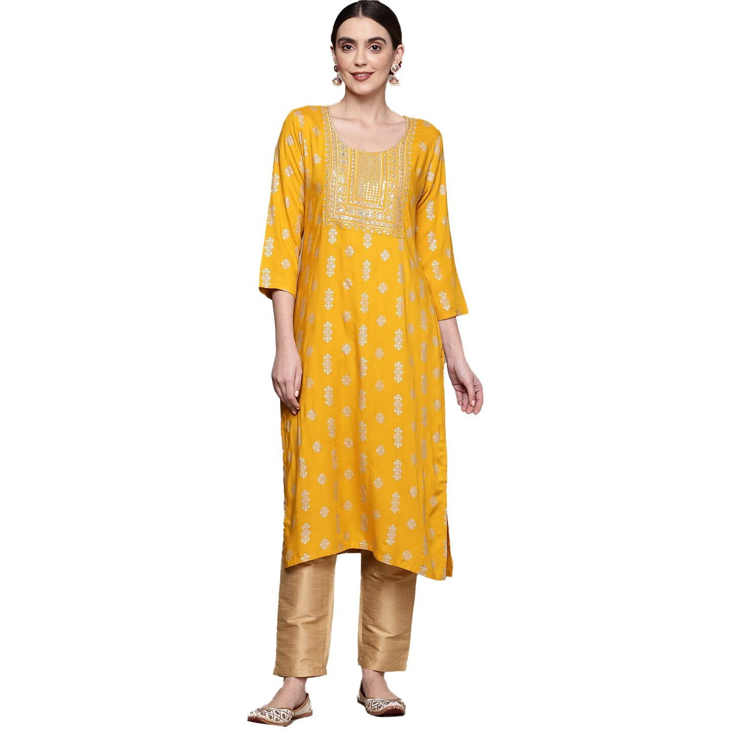 Anubhutee Women's Rayon Mustard Yellow Sequinned Embellished Embroidered Straight Kurta