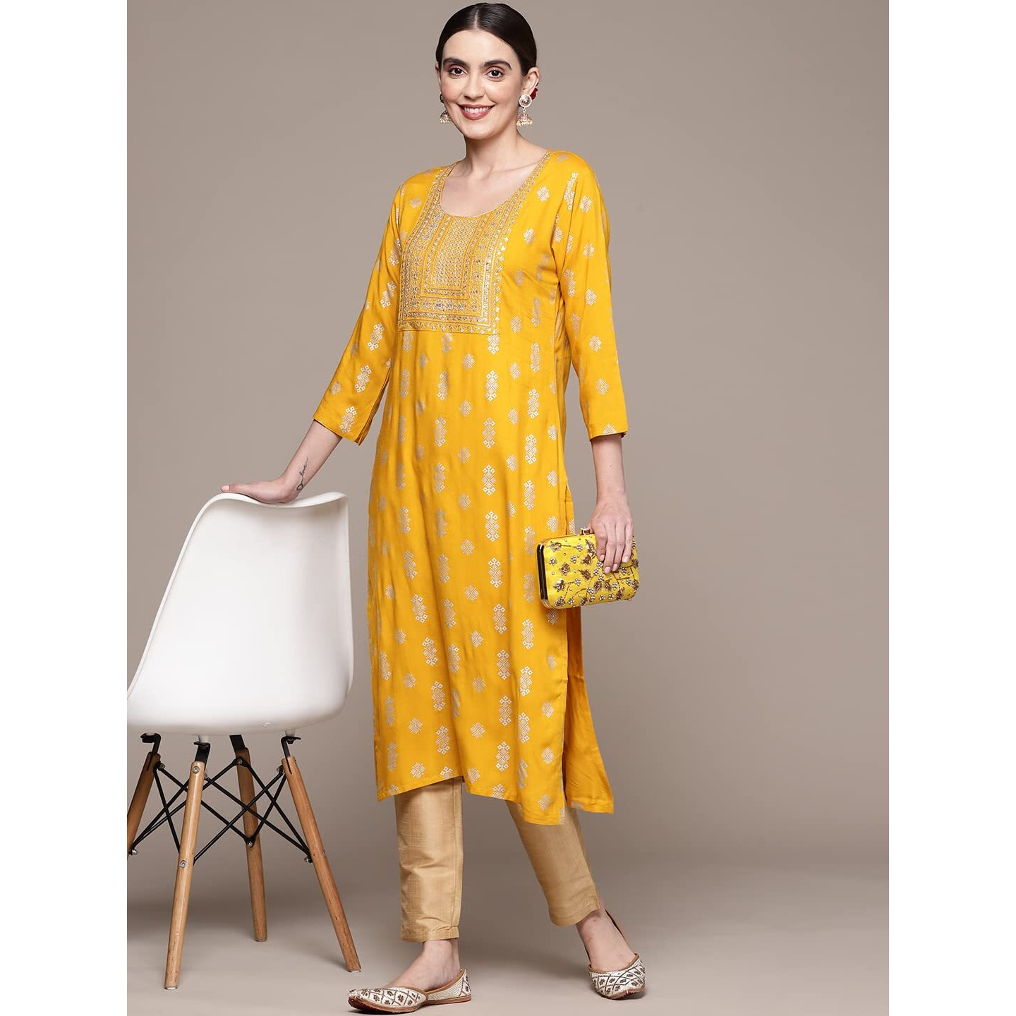Anubhutee Women's Rayon Mustard Yellow Sequinned Embellished Embroidered Straight Kurta