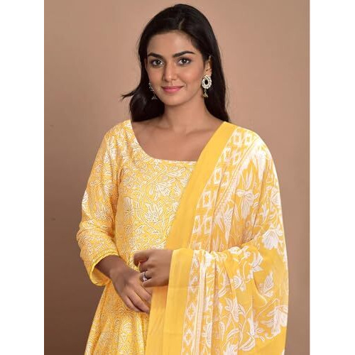 Tee Projekt Women's Cotton Blend Floral Printed Anarkali Kurta Pant With Dupatta Set Ll Round Neck Yellow