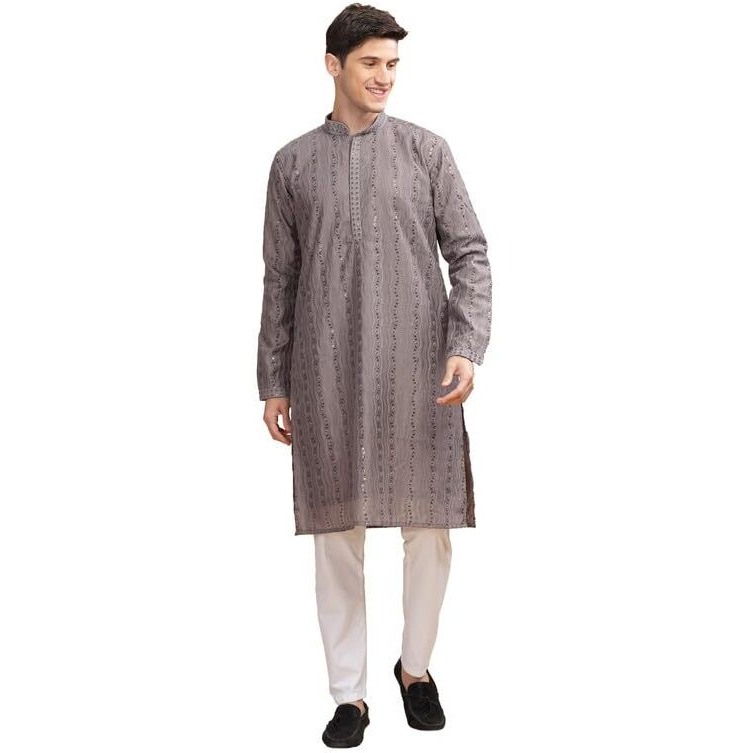 Be Active Men's Traditional Embroidered Lucknowi Design Full Sleeves Kurta || Cotton Kurta For Men || Men Kurta For Wedding || Kurta For Men (Sk0800 2 S) Grey