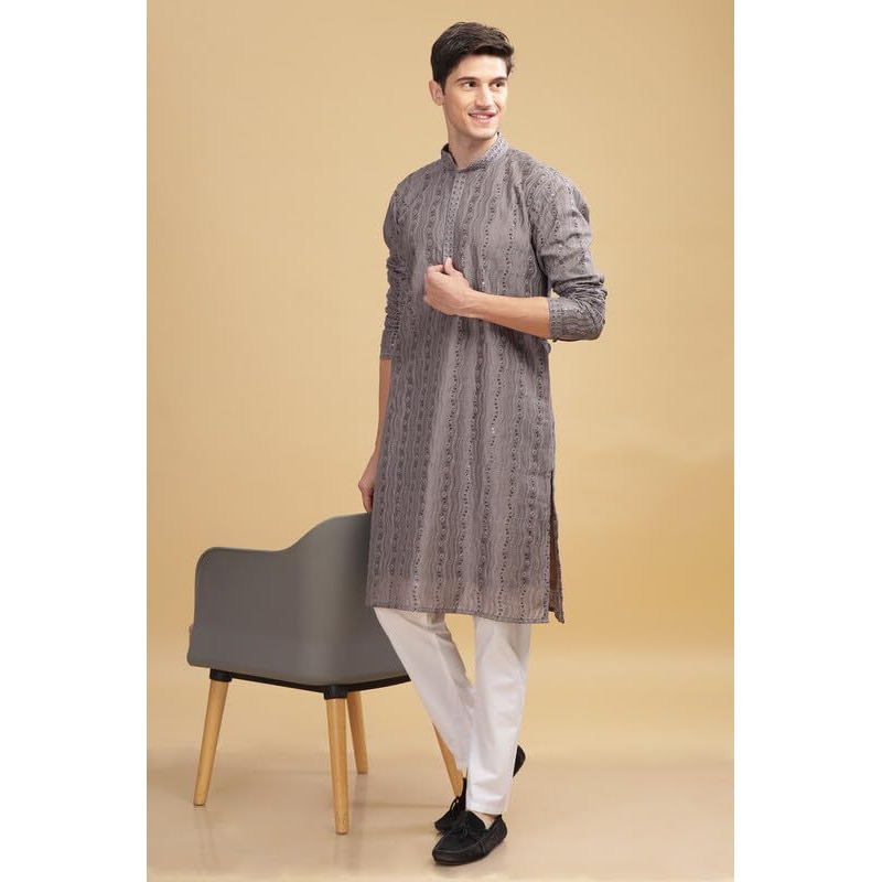 Be Active Men's Traditional Embroidered Lucknowi Design Full Sleeves Kurta || Cotton Kurta For Men || Men Kurta For Wedding || Kurta For Men (Sk0800 2 S) Grey