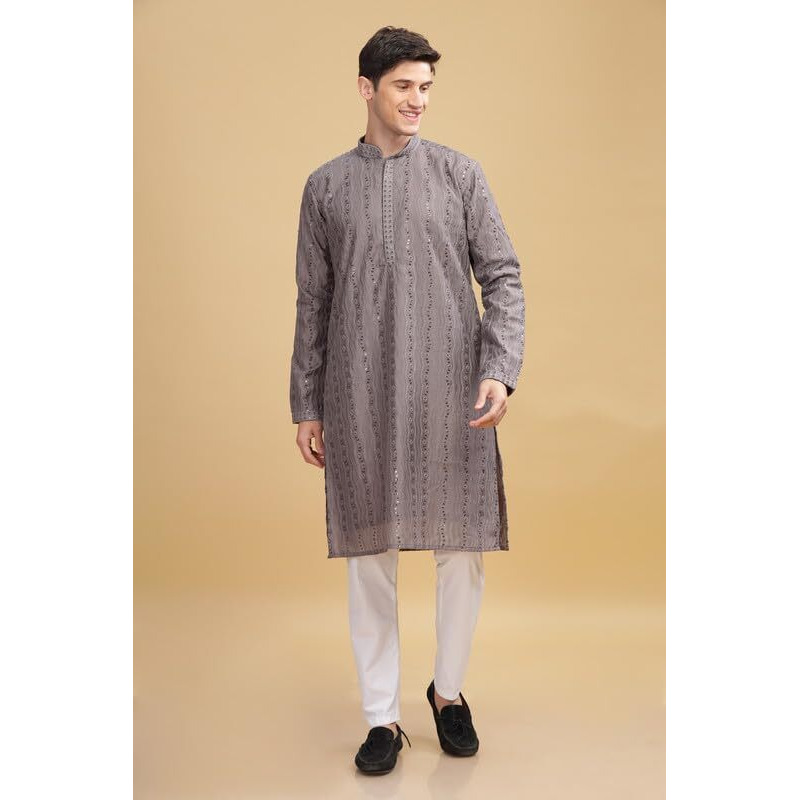 Be Active Men's Traditional Embroidered Lucknowi Design Full Sleeves Kurta || Cotton Kurta For Men || Men Kurta For Wedding || Kurta For Men (Sk0800 2 S) Grey