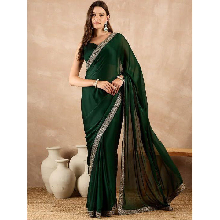 Cb-Colebrook Women's Soft Satin Saree With Embroidered Sequin Border With Blouse Piece, Traditional Indian Ethnic Wear, Party, Wedding Sarees For Womens (Green)