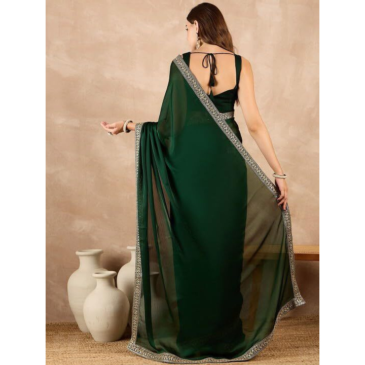 Cb-Colebrook Women's Soft Satin Saree With Embroidered Sequin Border With Blouse Piece, Traditional Indian Ethnic Wear, Party, Wedding Sarees For Womens (Green)