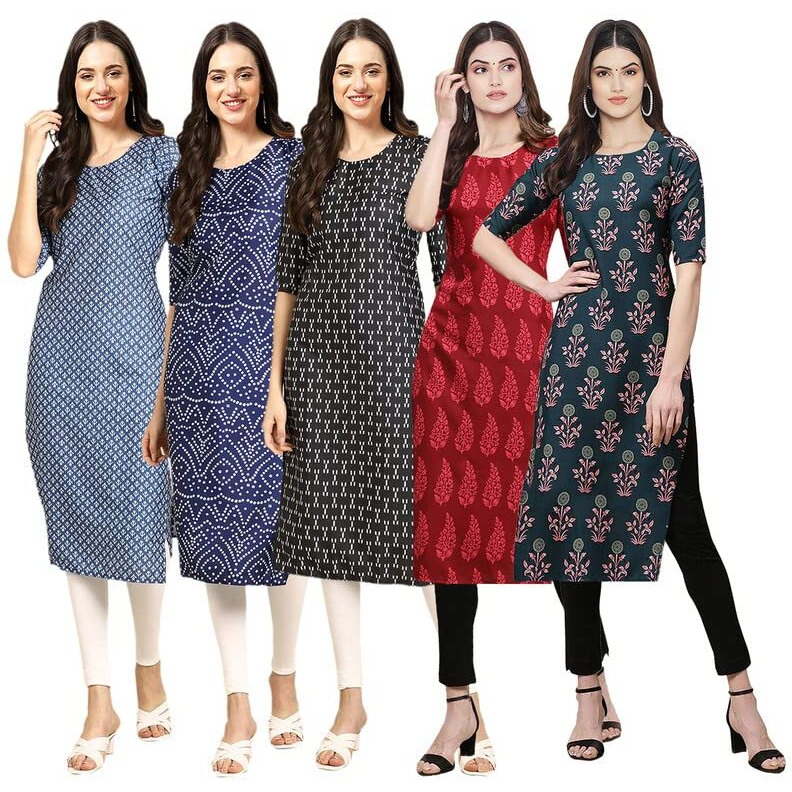 Pinkmint Women's Crepe Digital Print Straight Kurta [Pack Of 5](Nv-367-366-362-337-335-L)