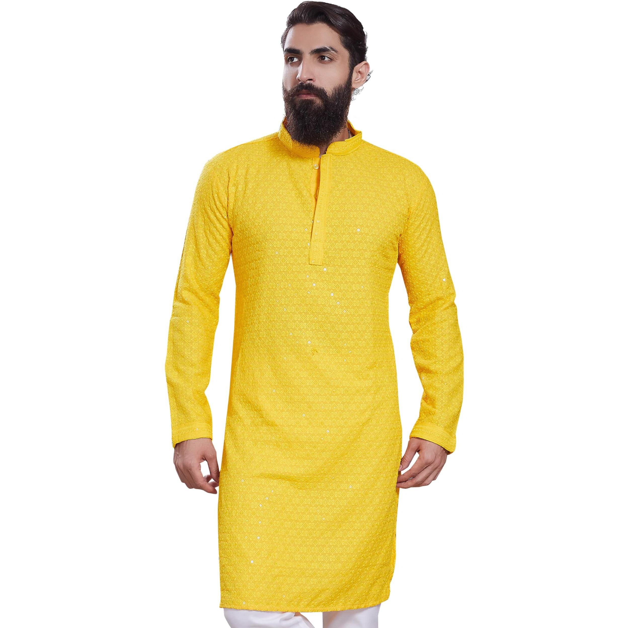 Divisive Men's Sequince Embroidered Cotton Blend Only Slim Fit Kurta (Dkrt225_Xxxl_Yellow)