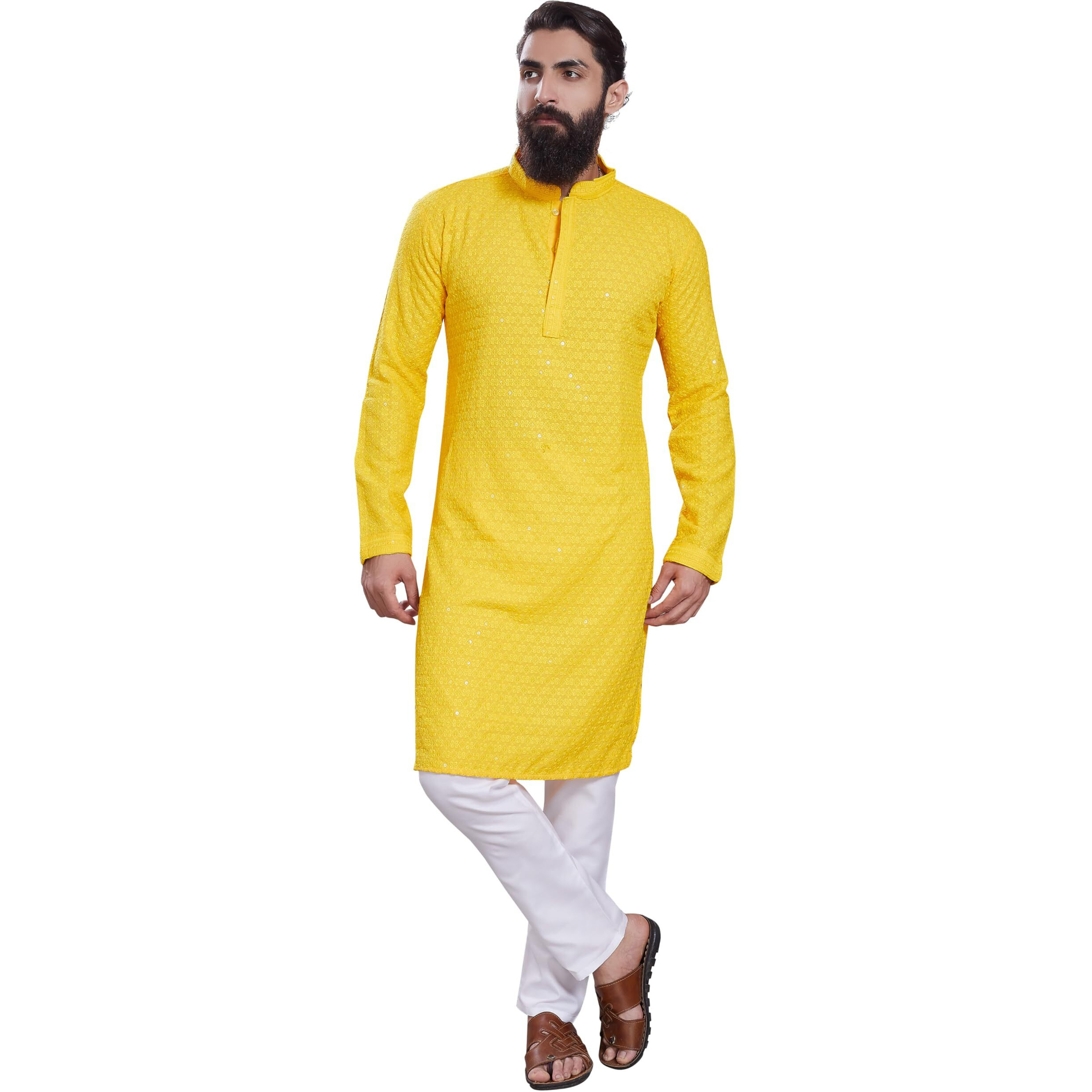Divisive Men's Sequince Embroidered Cotton Blend Only Slim Fit Kurta (Dkrt225_Xxxl_Yellow)