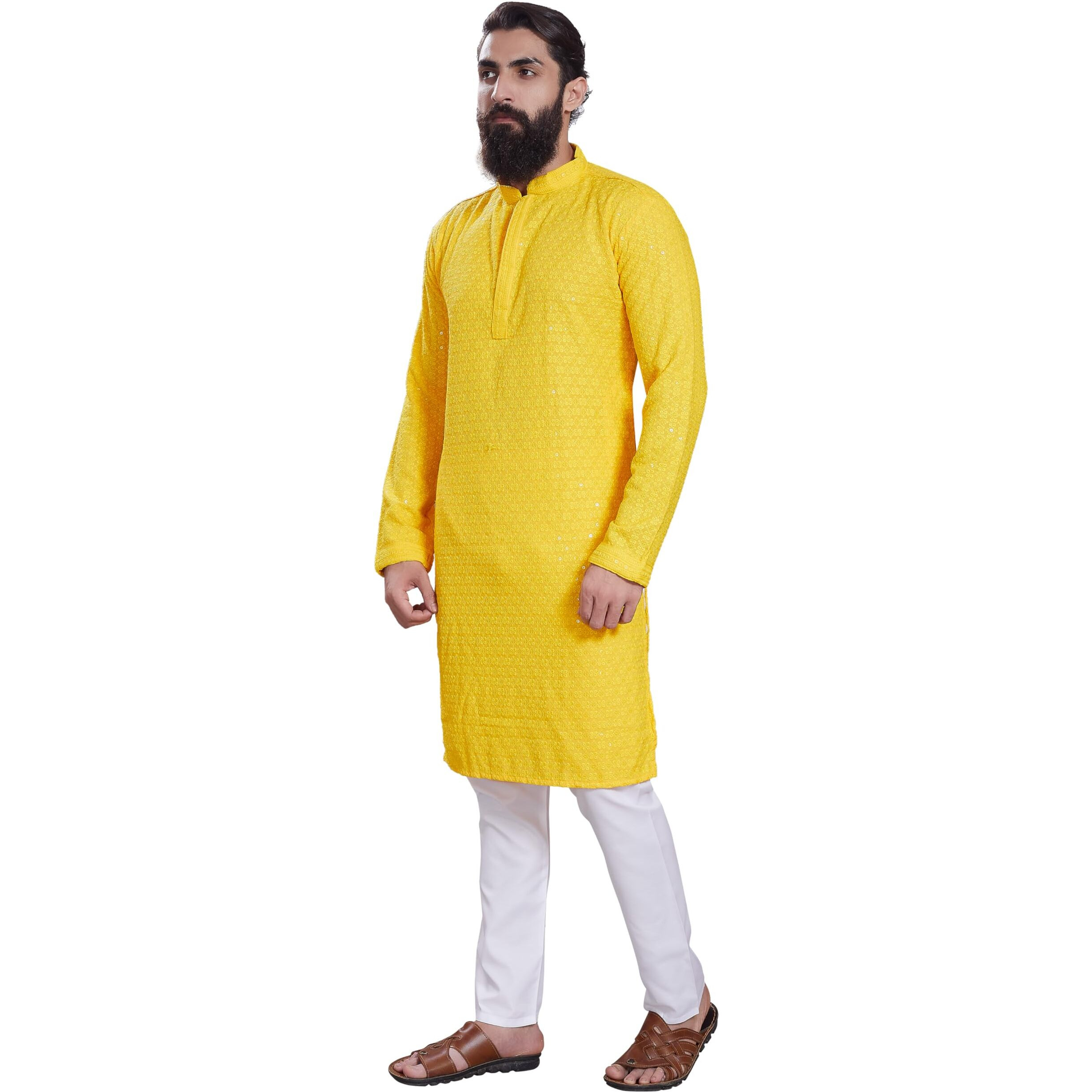 Divisive Men's Sequince Embroidered Cotton Blend Only Slim Fit Kurta (Dkrt225_Xxxl_Yellow)