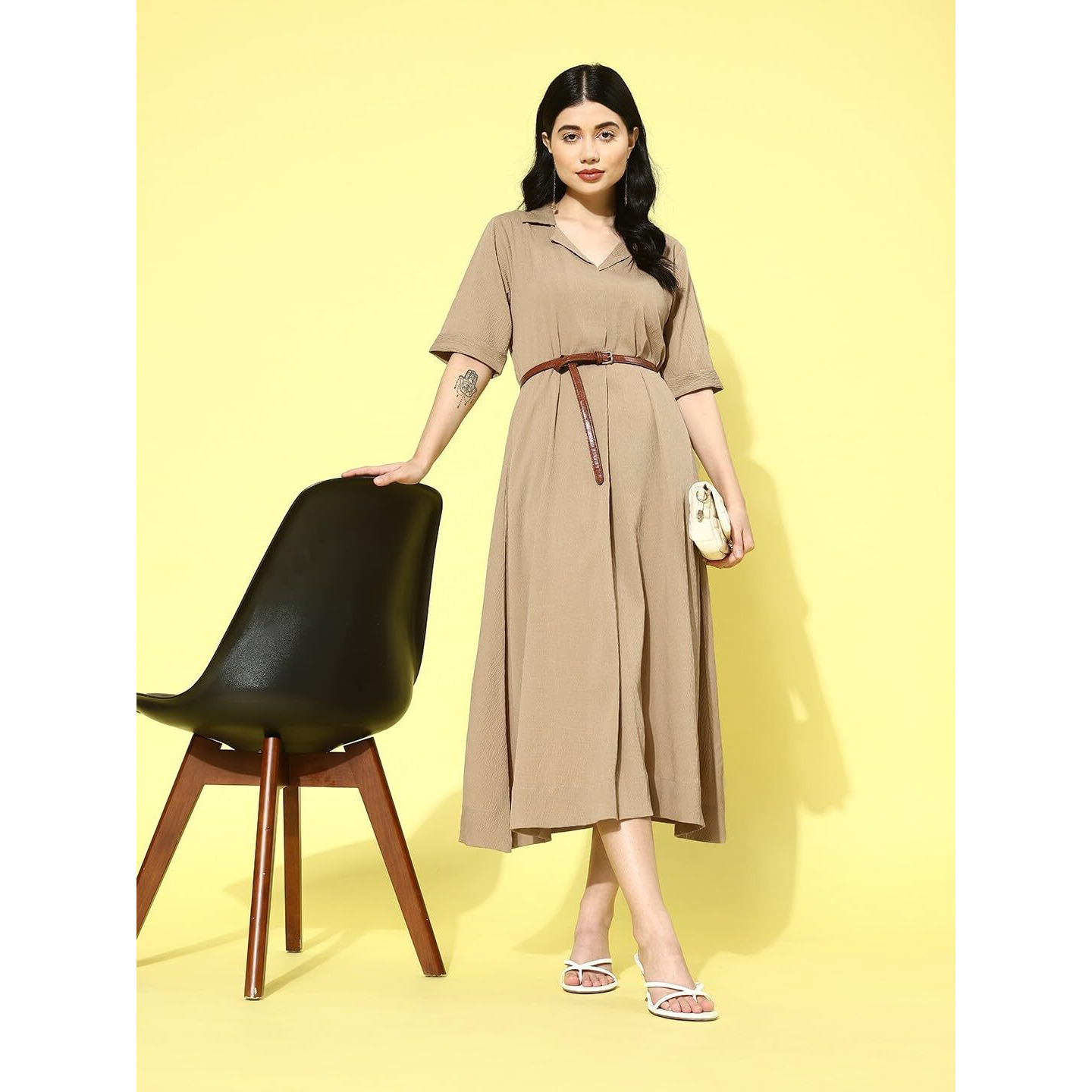 Varanga Women Beige Shirt Collar A-Line Dress  Stylish Calf Length Short Sleeves Dress For Comfortable Everyday Wear, Women Kurtis Latest Fashion (Double Extra Large)